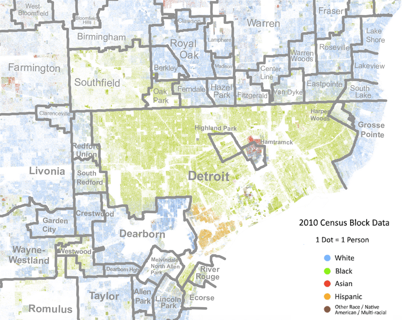 Race dot map of Detroit, with school districts